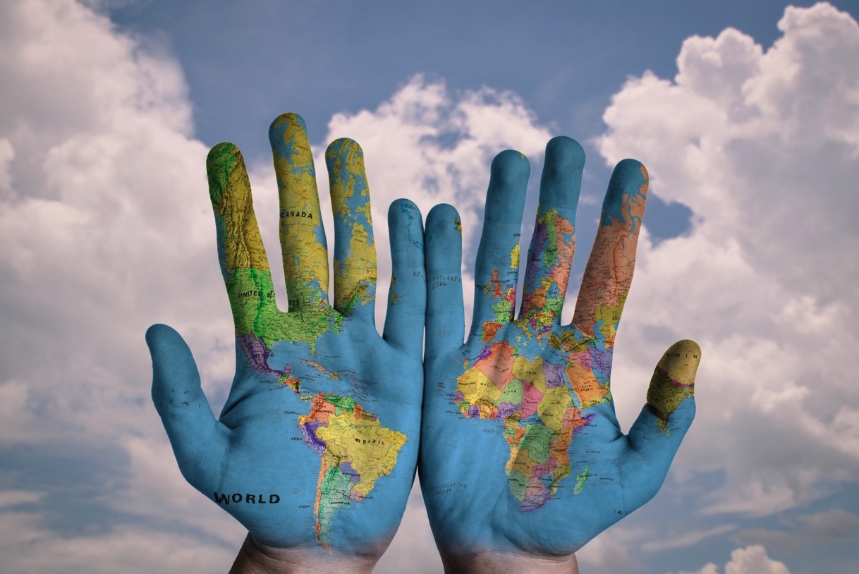 Hands world map global earth globe blue creative